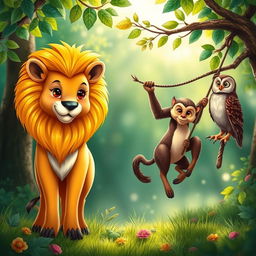 A vivid and colorful scene depicting two pairs of different animals standing together side by side in a harmonious setting