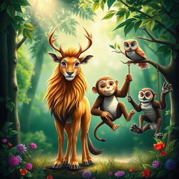 A vivid and colorful scene depicting two pairs of different animals standing together side by side in a harmonious setting