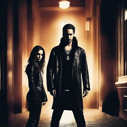 A high-quality digital art image of Tom Kaulitz, the guitarist of Tokio Hotel, in a mysterious setting with a rival's spy girl