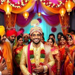 A vibrant traditional Indian wedding scene featuring a groom wearing an ornate pagri, intricately designed with gold embroidery and bright colors