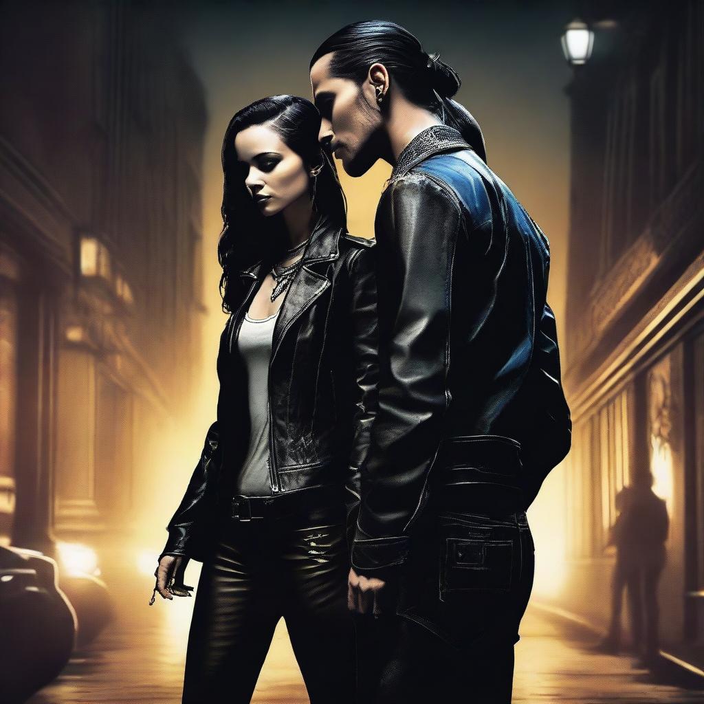 A high-quality digital art image of Tom Kaulitz, the guitarist of Tokio Hotel, in a mysterious setting with a rival's spy girl