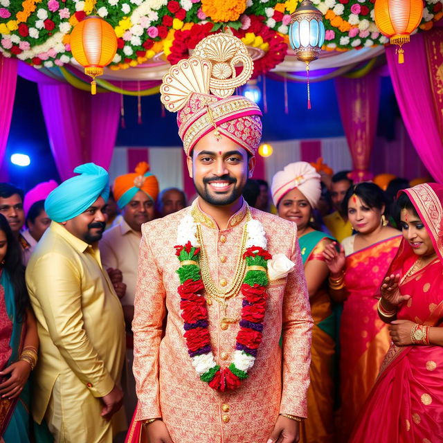 A vibrant traditional Indian wedding scene featuring a groom wearing an ornate pagri, intricately designed with gold embroidery and bright colors