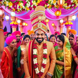 A vibrant traditional Indian wedding scene featuring a groom wearing an ornate pagri, intricately designed with gold embroidery and bright colors