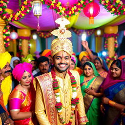 A vibrant traditional Indian wedding scene featuring a groom wearing an ornate pagri, intricately designed with gold embroidery and bright colors