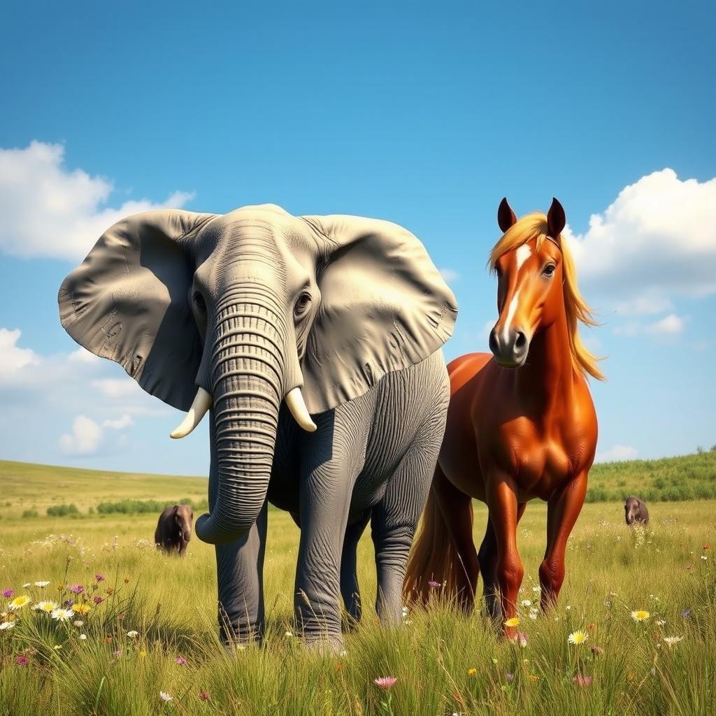 A charming scene featuring a majestic elephant and a strong horse standing together in a serene landscape