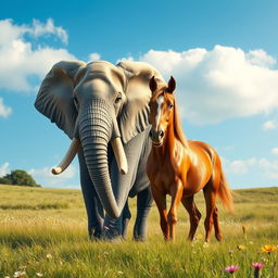 A charming scene featuring a majestic elephant and a strong horse standing together in a serene landscape