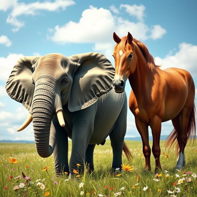 A charming scene featuring a majestic elephant and a strong horse standing together in a serene landscape