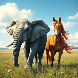 A charming scene featuring a majestic elephant and a strong horse standing together in a serene landscape