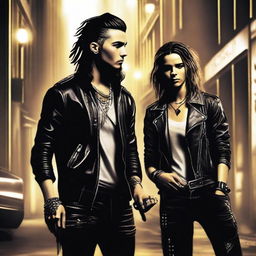 A high-quality digital art image of Tom Kaulitz, the guitarist of Tokio Hotel, in a mysterious setting with a rival's spy girl