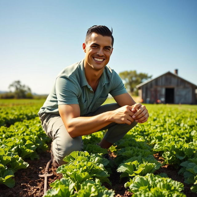 Cristiano Ronaldo dressed in casual farming attire, working in a lush green field under a clear blue sky