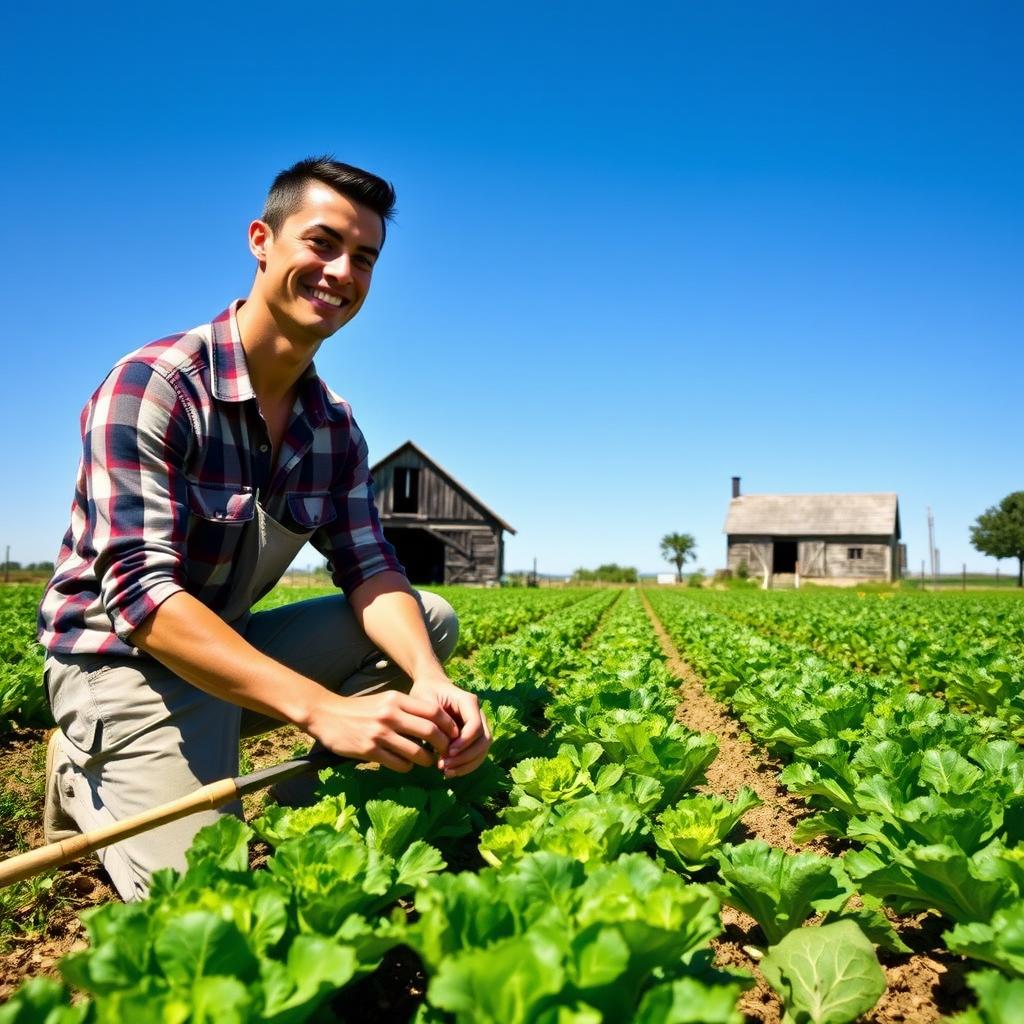 Cristiano Ronaldo dressed in casual farming attire, working in a lush green field under a clear blue sky