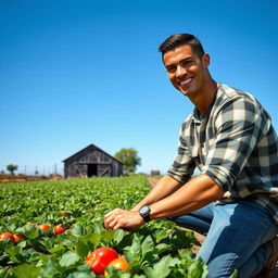 Cristiano Ronaldo dressed in casual farming attire, working in a lush green field under a clear blue sky