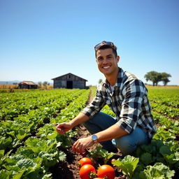 Cristiano Ronaldo dressed in casual farming attire, working in a lush green field under a clear blue sky