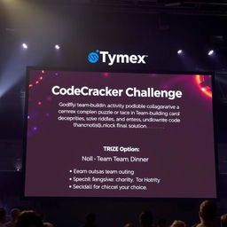 A striking visual of a huge screen displayed at a venue featuring the 'CodeCracker Challenge' event