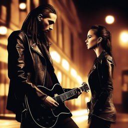 A high-quality digital art image of Tom Kaulitz, the guitarist of Tokio Hotel, in a mysterious setting with a rival's spy girl