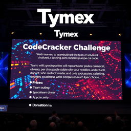 A striking visual of a huge screen displayed at a venue featuring the 'CodeCracker Challenge' event