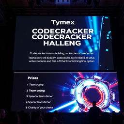 A striking visual of a huge screen displayed at a venue featuring the 'CodeCracker Challenge' event