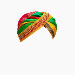 A high-quality PNG image of an intricately designed Indian pagri, showcasing its vibrant colors, detailed embroidery, and traditional patterns