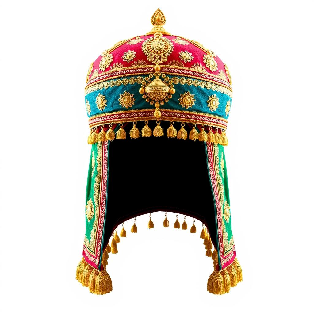 A high-quality PNG image of an intricately designed Indian pagri, showcasing its vibrant colors, detailed embroidery, and traditional patterns