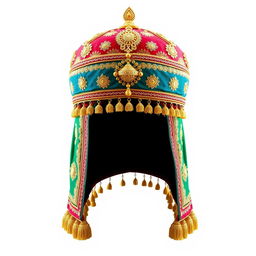 A high-quality PNG image of an intricately designed Indian pagri, showcasing its vibrant colors, detailed embroidery, and traditional patterns
