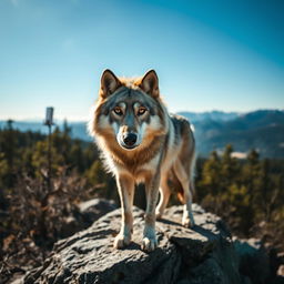 A stunning, raw photograph of a majestic wolf standing on a rocky outcrop, with a backdrop of pine forests and distant mountains under a clear blue sky