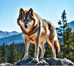 A stunning, raw photograph of a majestic wolf standing on a rocky outcrop, with a backdrop of pine forests and distant mountains under a clear blue sky