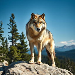 A stunning, raw photograph of a majestic wolf standing on a rocky outcrop, with a backdrop of pine forests and distant mountains under a clear blue sky