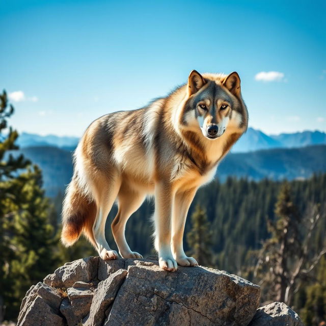 A stunning, raw photograph of a majestic wolf standing on a rocky outcrop, with a backdrop of pine forests and distant mountains under a clear blue sky