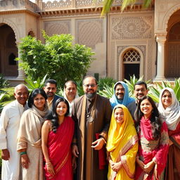 A gathering of modern descendants of a historical figure in a lush garden, showcasing a blend of traditional and contemporary attire