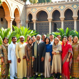 A gathering of modern descendants of a historical figure in a lush garden, showcasing a blend of traditional and contemporary attire
