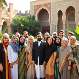 A gathering of modern descendants of a historical figure in a lush garden, showcasing a blend of traditional and contemporary attire
