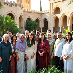 A gathering of modern descendants of a historical figure in a lush garden, showcasing a blend of traditional and contemporary attire