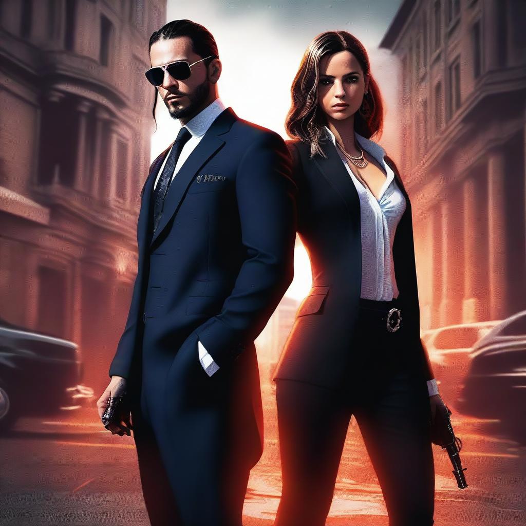 A digital art image showcasing Tom Kaulitz, in a mafia outfit, alongside the rival's spy girl in a spicy, aggressive pose