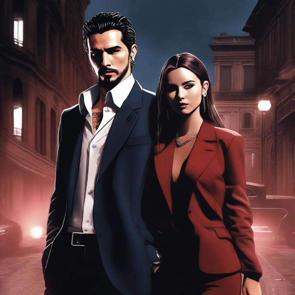 A digital art image showcasing Tom Kaulitz, in a mafia outfit, alongside the rival's spy girl in a spicy, aggressive pose