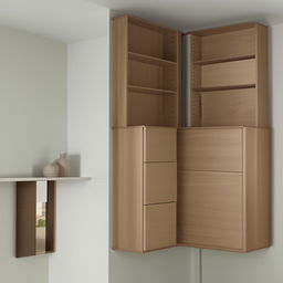 L-shaped wall-mounted furniture, featuring a mix of shelves, cabinets and drawers