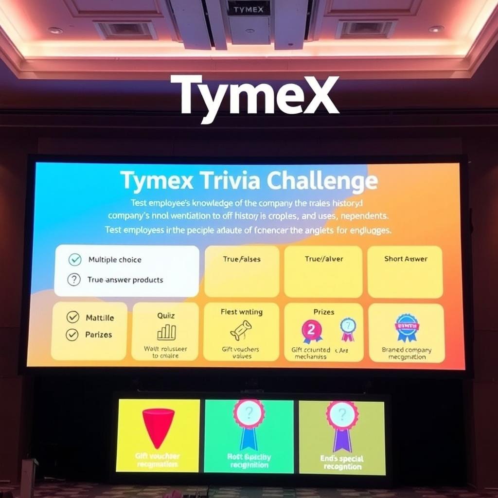 A vibrant visual of a large screen displayed in a venue showcasing the 'TymeX Trivia Challenge'