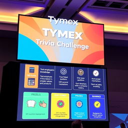 A vibrant visual of a large screen displayed in a venue showcasing the 'TymeX Trivia Challenge'