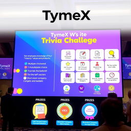 A vibrant visual of a large screen displayed in a venue showcasing the 'TymeX Trivia Challenge'