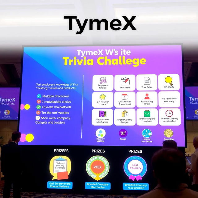 A vibrant visual of a large screen displayed in a venue showcasing the 'TymeX Trivia Challenge'