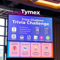 A vibrant visual of a large screen displayed in a venue showcasing the 'TymeX Trivia Challenge'