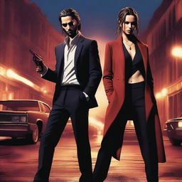 A digital art image showcasing Tom Kaulitz, in a mafia outfit, alongside the rival's spy girl in a spicy, aggressive pose