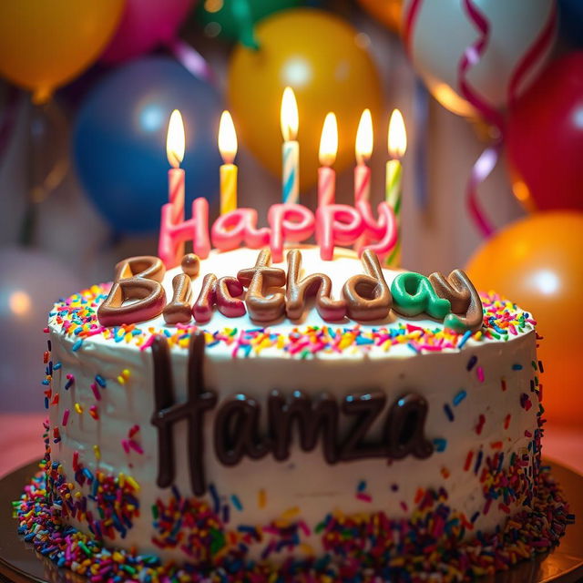 A beautifully decorated birthday cake with the words 'Happy Birthday' elegantly written in colorful icing, complemented by the name 'Hamza' written in a matching chocolate style