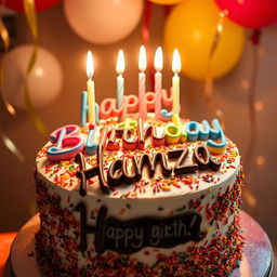 A beautifully decorated birthday cake with the words 'Happy Birthday' elegantly written in colorful icing, complemented by the name 'Hamza' written in a matching chocolate style