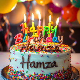 A beautifully decorated birthday cake with the words 'Happy Birthday' elegantly written in colorful icing, complemented by the name 'Hamza' written in a matching chocolate style