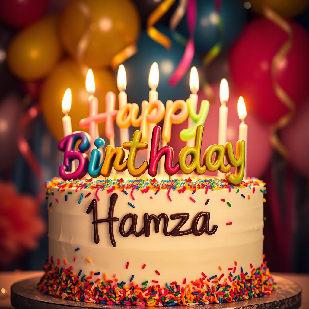 A beautifully decorated birthday cake with the words 'Happy Birthday' elegantly written in colorful icing, complemented by the name 'Hamza' written in a matching chocolate style