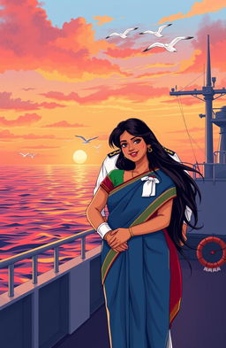 A romantic love story illustration featuring an Indian naval officer in a crisp navy uniform standing proudly on the deck of a warship