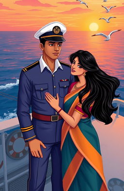 A romantic love story illustration featuring an Indian naval officer in a crisp navy uniform standing proudly on the deck of a warship