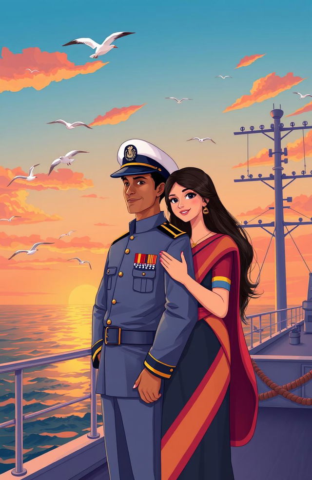 A romantic love story illustration featuring an Indian naval officer in a crisp navy uniform standing proudly on the deck of a warship