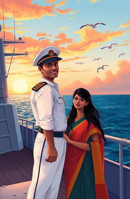 A romantic love story illustration featuring an Indian naval officer in a crisp navy uniform standing proudly on the deck of a warship