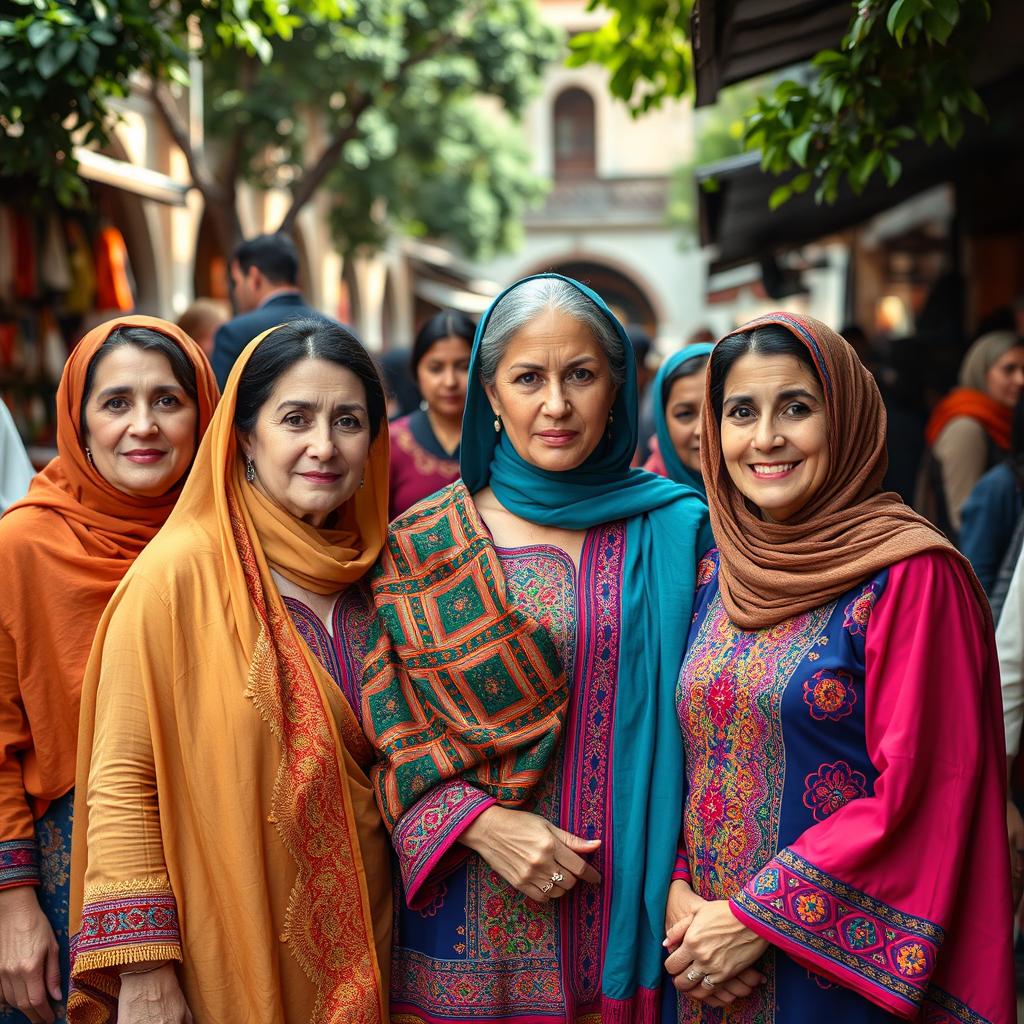 A stunning portrait of a group of Iranian women in vibrant traditional clothing, showcasing intricate embroidery and colorful patterns